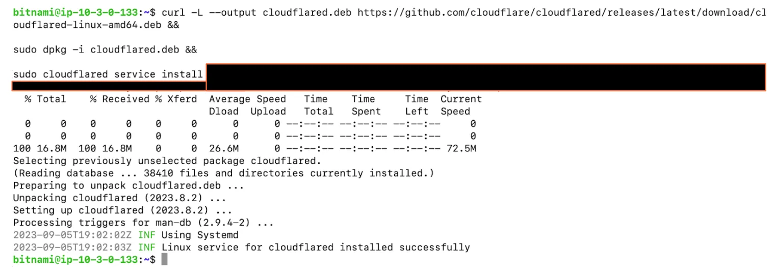 Figure 10: Downloading and installing Cloudflare Tunnel Cloudflare supports easy deployment/configuration of Cloudflare Tunnel via CLI.